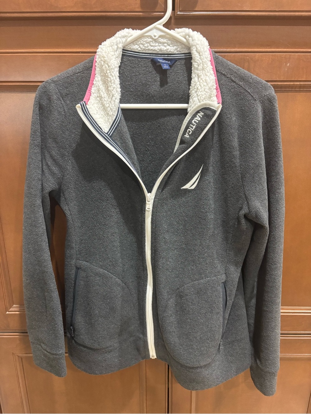 Nautica Charcoal Gray Fleece Jacket with White Sherpa Collar and Pink Trim